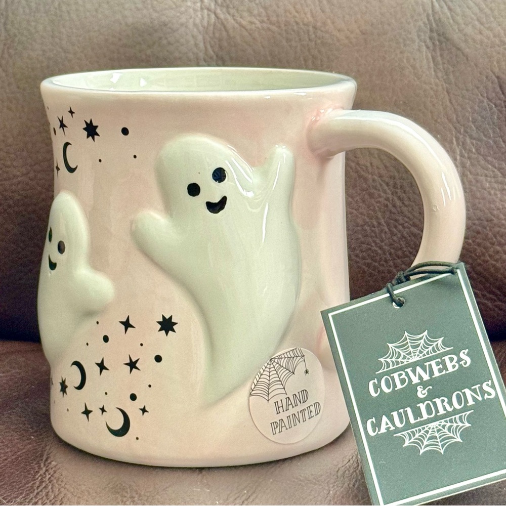 Flying Ghosts with Moons & Stars Embossed Pink Halloween Mug